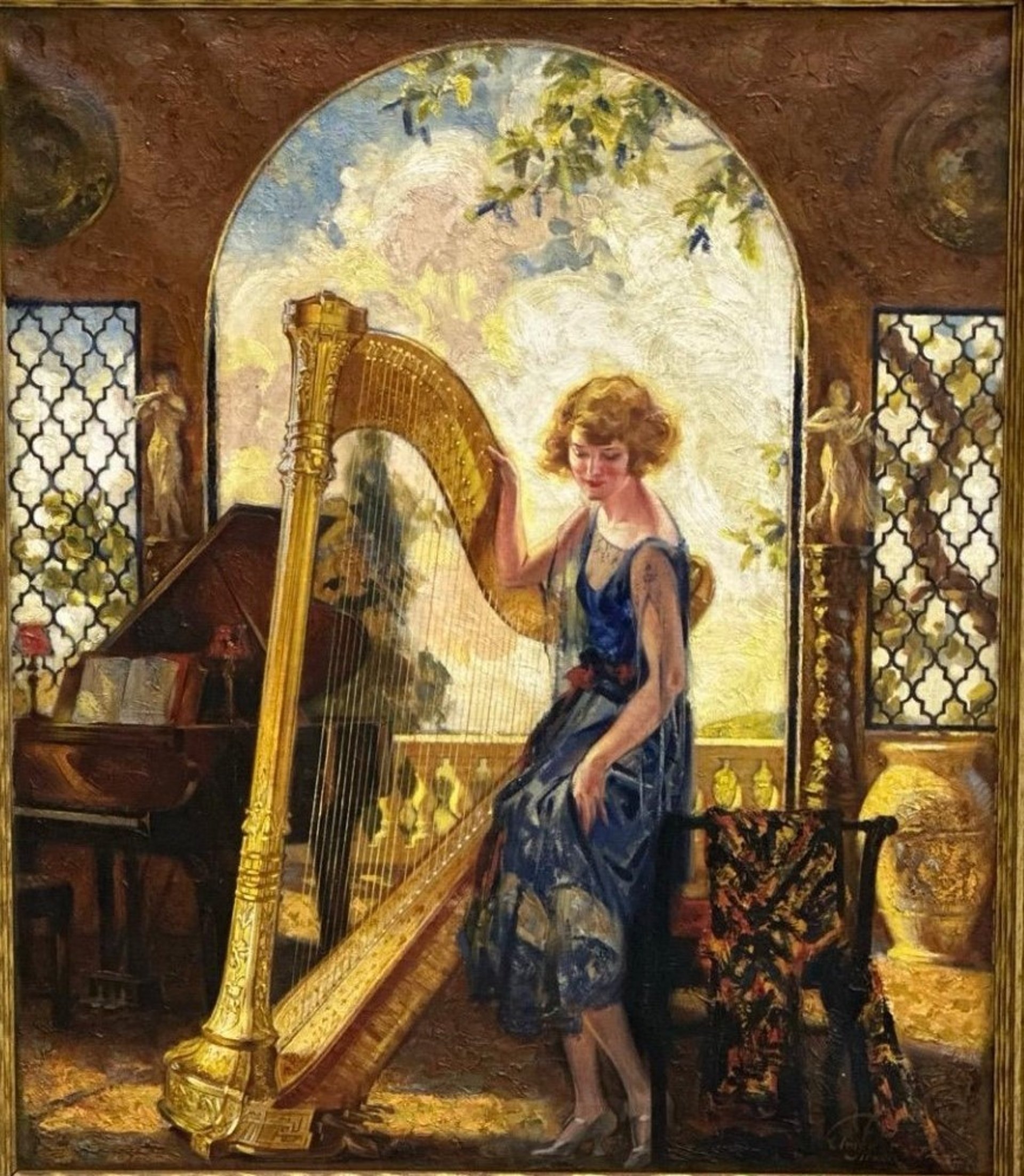 Painting of a woman playing a gold harp beside a grand piano in a sunlit archway